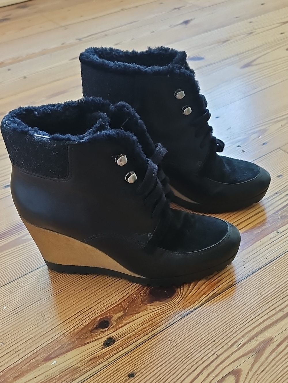 Black Wedge Ankle Boot with Faux Fur Lining - Brand: Cole Haan